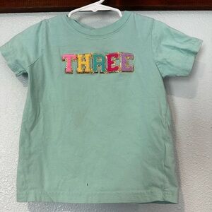 Mint Green Short Sleeve Tee with Colorful 'THREE' Sequin Applique